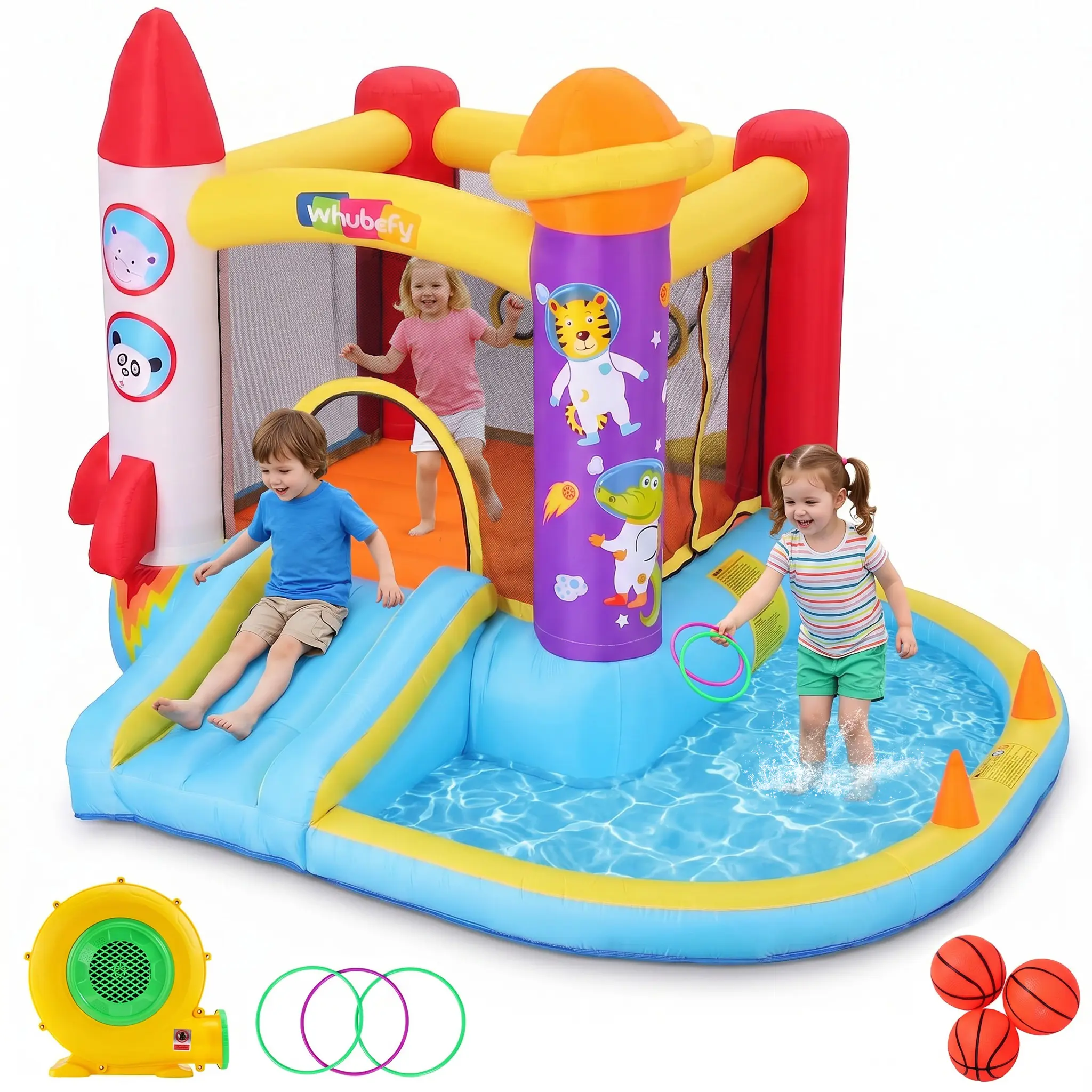 Whubefy Space Rocket Themed Inflatable Bounce House with 370W Blower, Durable Kids Bouncy Castle with Slide, Ball Pit & Ring Toss Game, Safe Indoor & Outdoor Play for Toddlers, Perfect Birthday, Holiday Gift for Boys & Girls, Summervibes