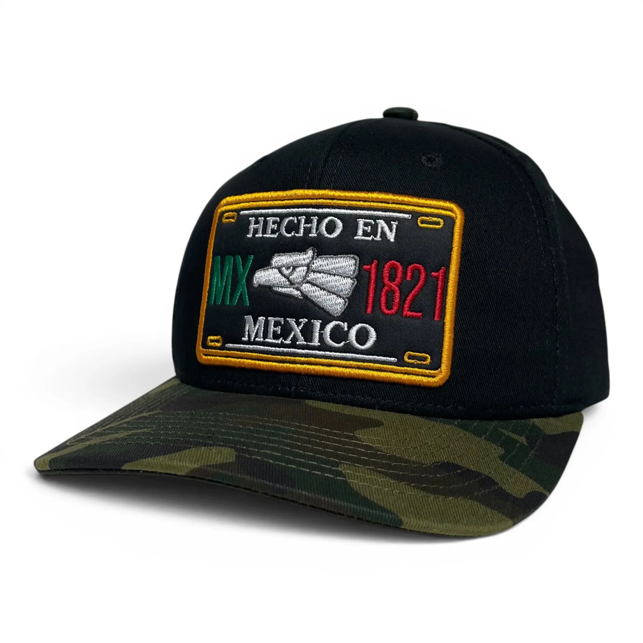 Hecho en Mexico Eagle Embroidered Snapback Cap - Flat Brim Black/Camo Flat Brim Hat