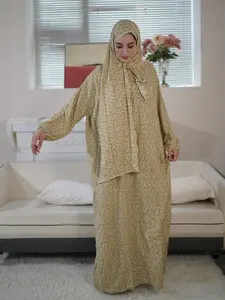 Women's Ditsy Floral Print Long Sleeve Arabian Dress with Hijab, Modest Bishop Sleeve Maxi Muslim Dress, Ladies Clothing for All Seasons, Modest Muslim Outfits