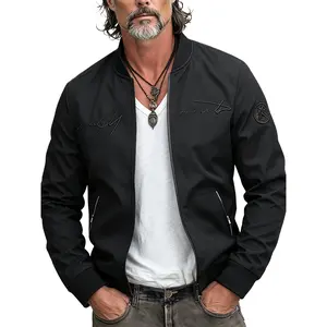 Men’s fashion letter jacket with collar and zip pockets, suitable for outdoor activities and everyday wear; spring/autumn jacket.