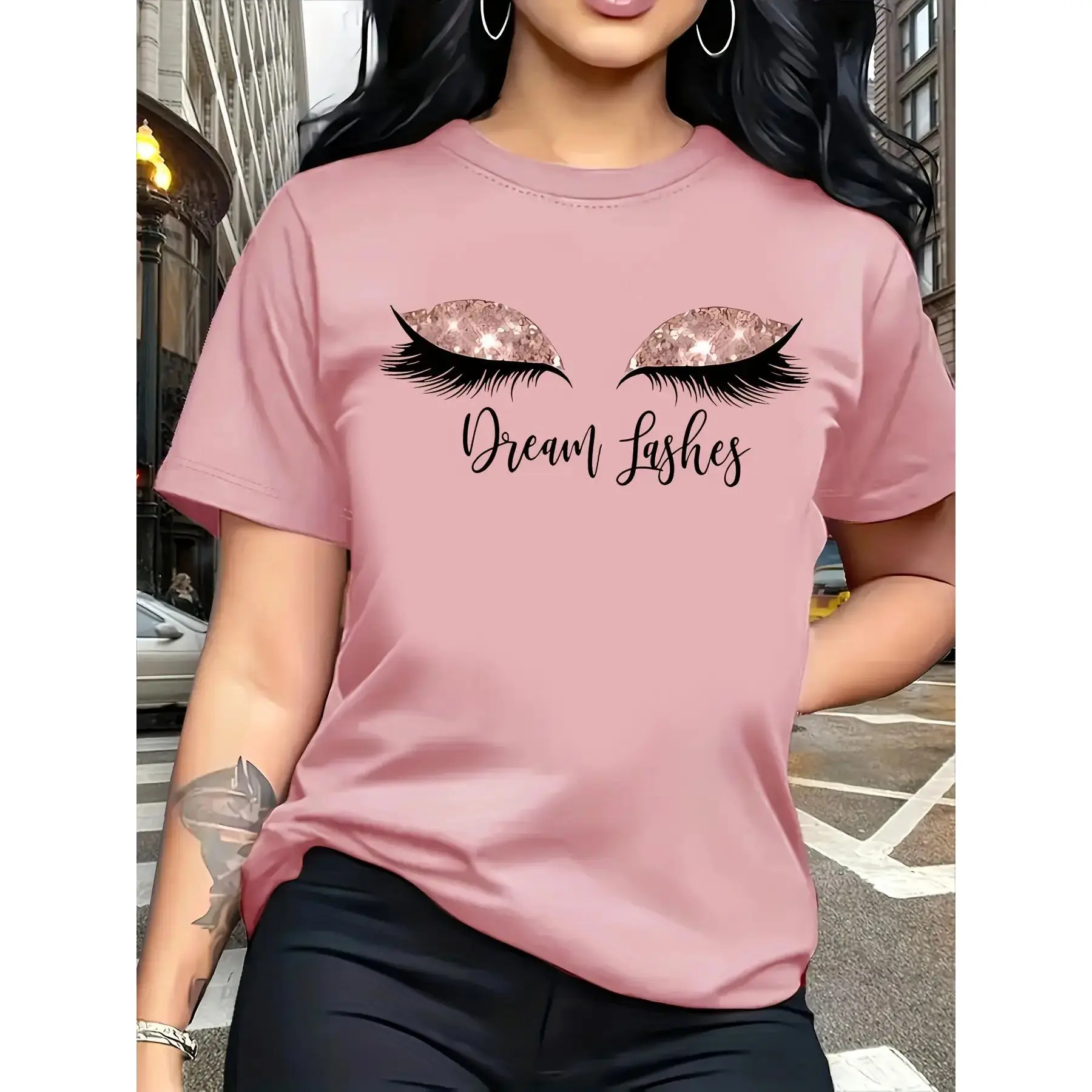 Eyelashes and Dreams Abstract Portrait Pattern Printed T-Shirt Short Sleeve Round Neck Casual Top Summer Spring Women's Clothing Cotton Fabric Basic Fit Unisex Flat Tee Graphic Tshirt