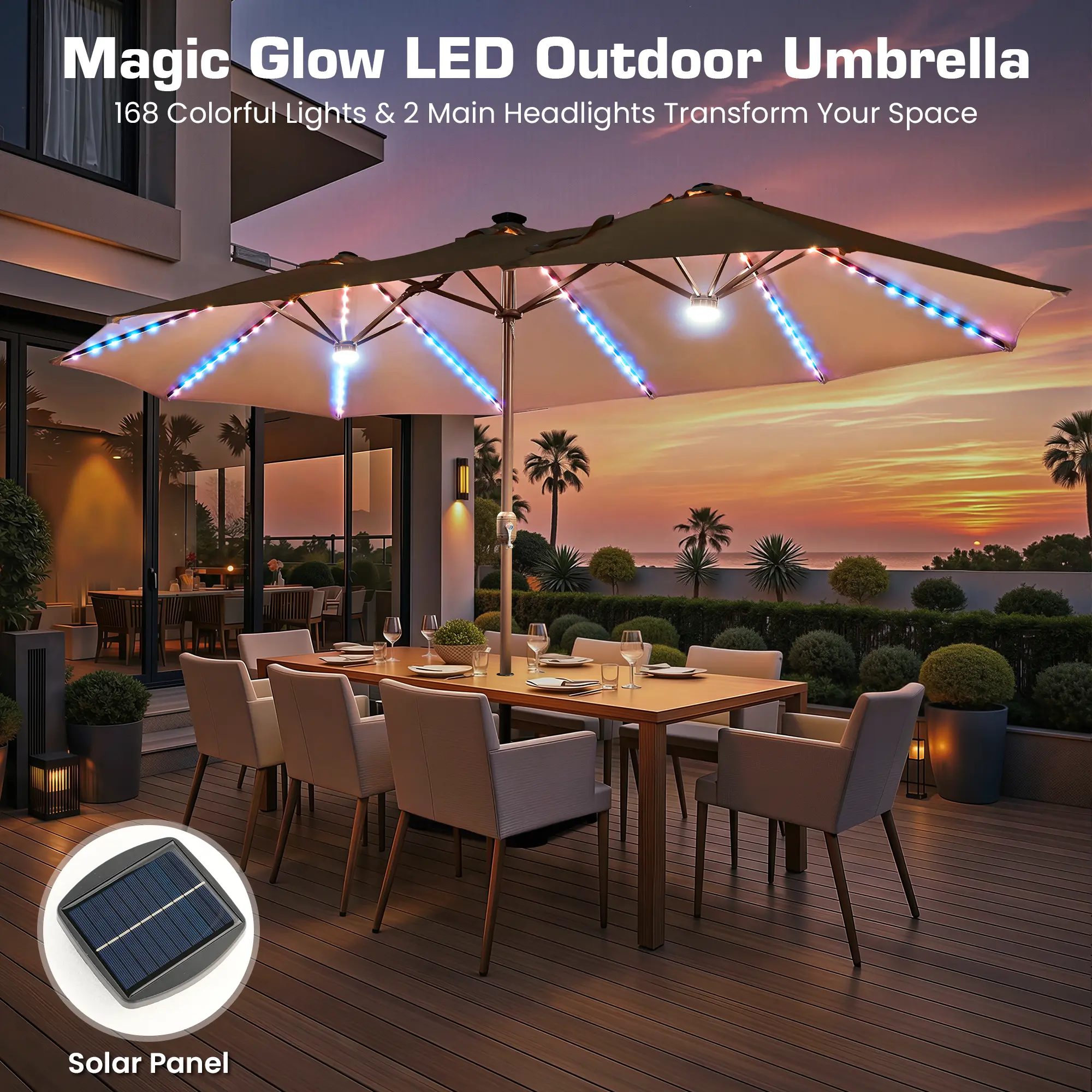 Weaxty 15ft Double-Sided Patio Umbrella - Outdoor Shade Canopy with Solar LED Lights, 12 Heavy-Duty Ribs, Included Stand Base, Double Patio Umbrella Parasols for Canopies & Shade, Backyard, Double Patio Umbrella Parasols, Canopies & Shade