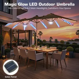 Weaxty Large 15ft Double Sided Patio Umbrellas, Stand Base included, Outdoor Market Table parasols with Solar LED lights, 12 Heavy-duty Ribs, for Patio, Deck, Swimming Pool, Backyard, Garden