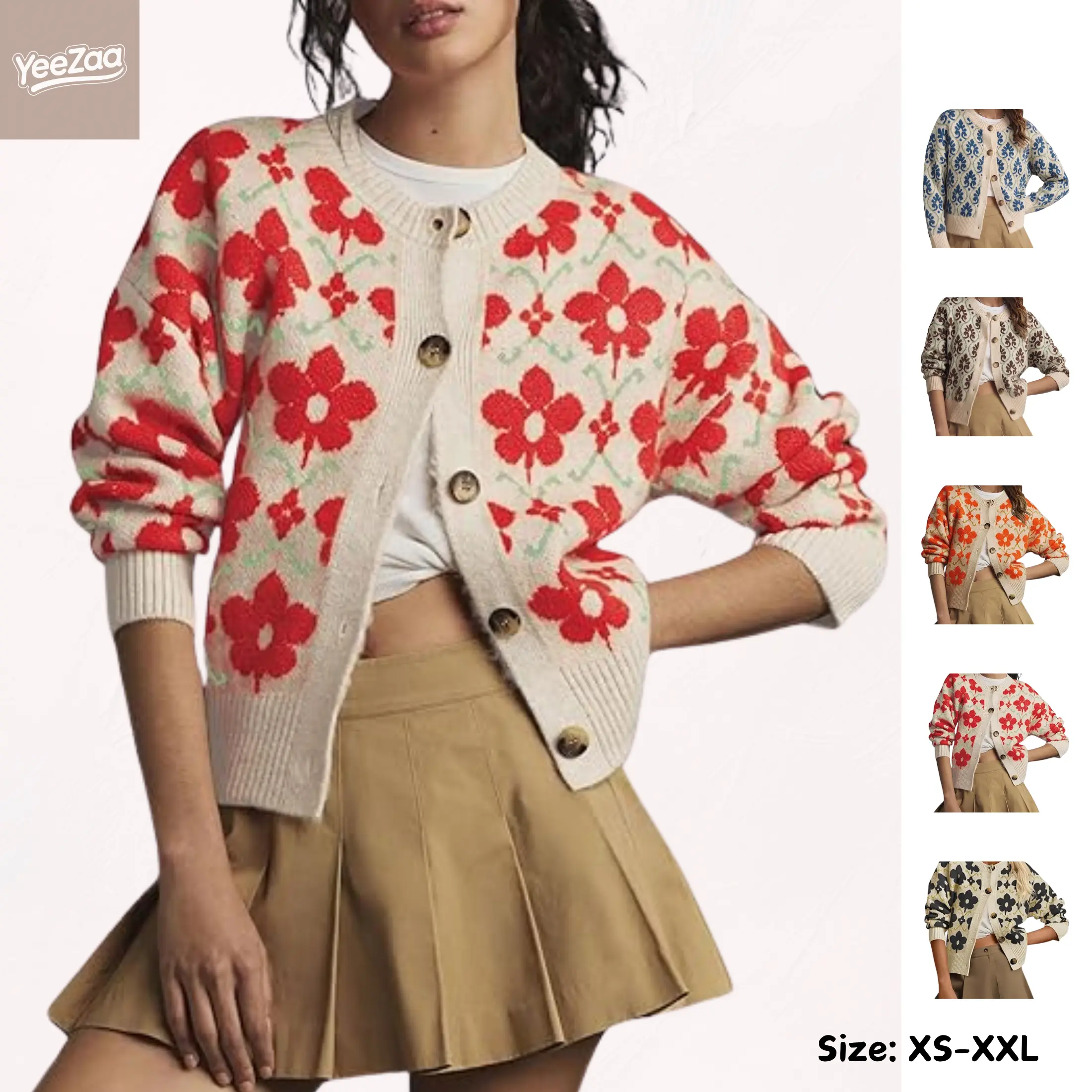 YeeZaa Floral Cardigan Sweater for Women Open Front Long Sleeve Knitwear Elegant Button Down Knit Sweater Classic Crew-neck Sweaters Vintage Floral-pattern Outerwear Slouchy Silhouette Outfits