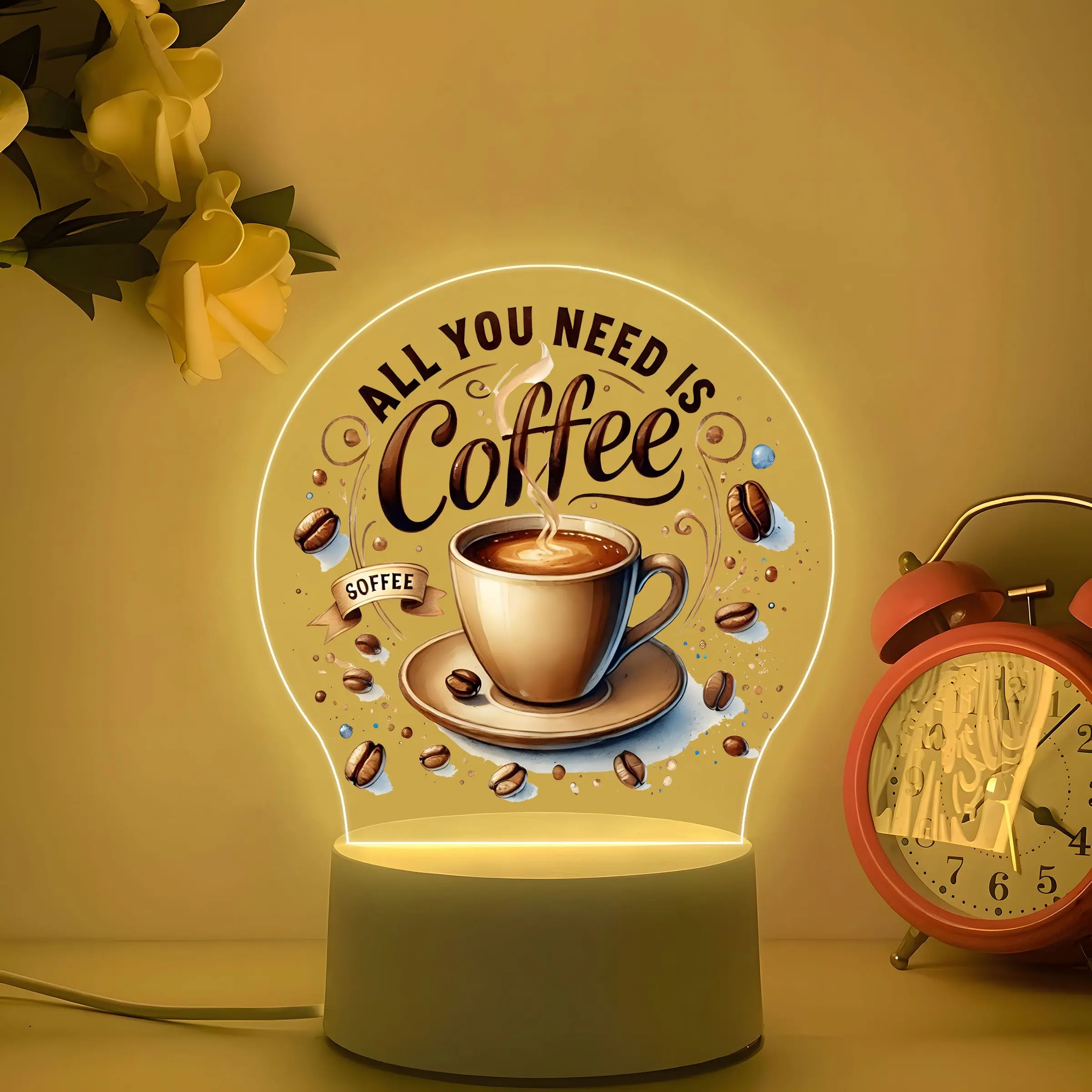 Coffee Theme Acrylic Night Light, Retro Coffee Cup & Beans Design, Warm Glow, Eye-Friendly, Desktop & Bedroom Decor