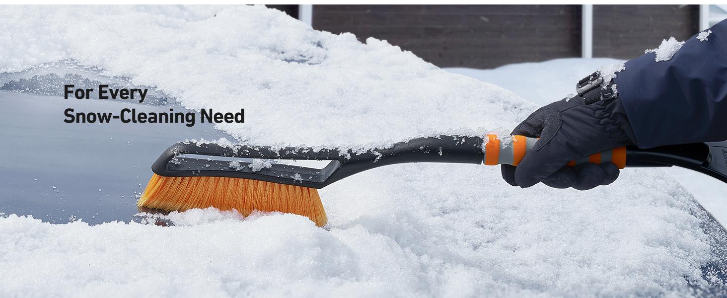 AstroAI 27" Snow Brush and Detachable Ice Scraper with Ergonomic Foam Grip for Cars, Trucks, SUVs (Heavy Duty ABS, PVC Brush, Orange)