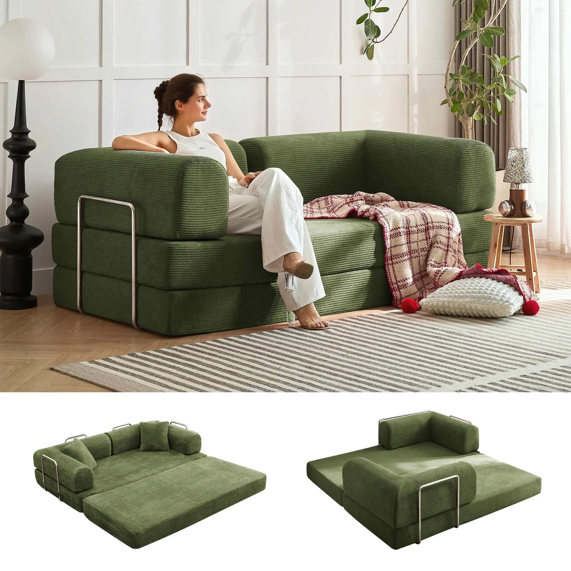Modular Convertible Sofabed - Boneless Sectional Cloud Sofa with Sponge, Vacuum-Packed Oversized Plush Chaise Lounge, Velvet/Chenille/Corduroy Cooling Indoor Furniture, Space-Saving Loveseat Adjustable Arms for Small Spaces, Living Rooms, Hotels # cream