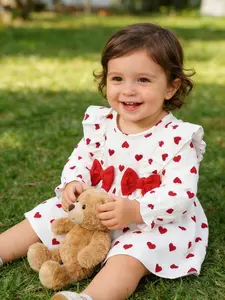 Spring Summer Newborn Baby Girl Dress, Baby Clothes Girl, Heart Print Bow Long Sleeve, Soft Breathable Fabric, Perfect for Parties & Outdoor Activities
