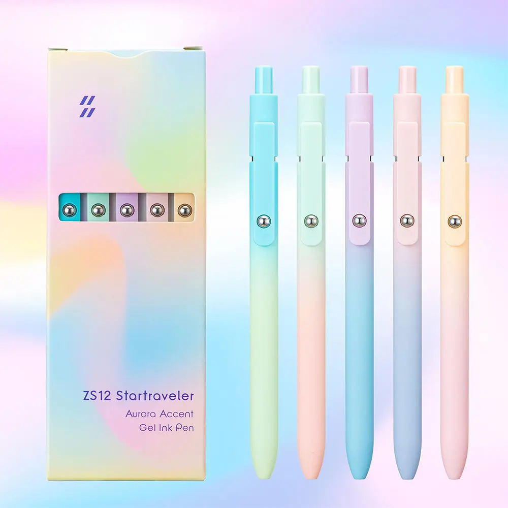 5-Pack Retractable Gel Pens Set, Quick-Dry Black Ink Fine-Point Soft-Touch Roller Ball Pens for Smooth Writing (Aurora Color), Pen