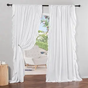 White Ruffle Shabby Chic Curtains 84 inch Long, Rod Pocket  with Some Soft Light Filtering  Country Flowy Drapes for Living Room/Farmhouse/Bedroom, 2 Panels=104" Wide