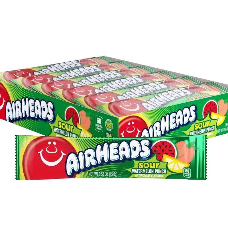 Airheads Candy, Blue Raspberry Flavor, Individually Wrapped Full Size Bars, Taffy, Non Melting, Party, Pack of 36 Bars Snack Sweet
