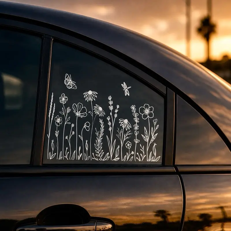 12-in Wildflower Floral Car Window Decal, Peel-and-Stick Car Accessory for Vehicle Decoration, Easy to Apply for Daily Commute