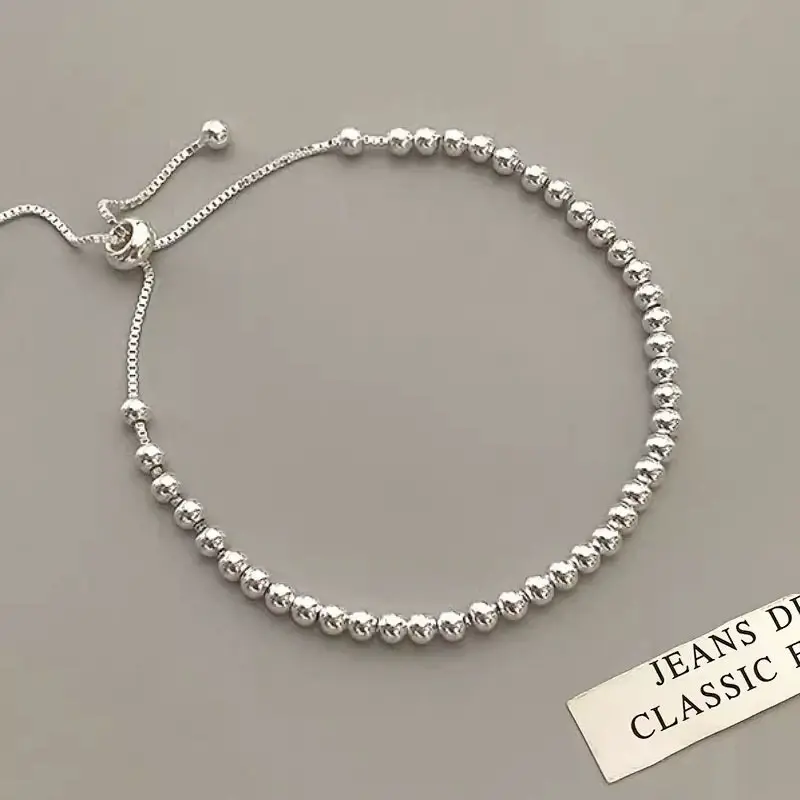 US-LUXURY - 100% Solid 925 Sterling Silver Metal Bracelets for Women Men Beads Adjustable Handmade Simple Bracelet Birthday Christmas Gifts