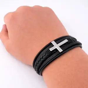 Men’s Black Faux Leather Cross Bracelet – Magnetic Clasp – Braided Layered Wristband – Minimalist Christian Jewelry