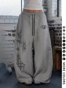 Women's Dark Gothic Graphic Sweatpants Y2K Cyber Sigilism Print Wide Leg Baggy Streetwear Grey Trousers merican Retro Grey Wide Leg Sweatpants Unique Cross Tribal Print Oversized Lazy Style Jazz Dance Pants Drawstring Waist Euro-American Street Trendy Swe