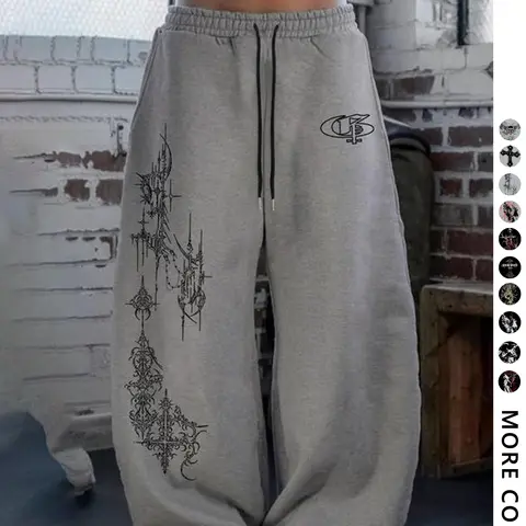Women's Dark Gothic Graphic Sweatpants, Y2K Wide Leg Baggy American Retro Street Style Casual Pants, Oversized Adjustable Drawstring Waist Grey Trousers