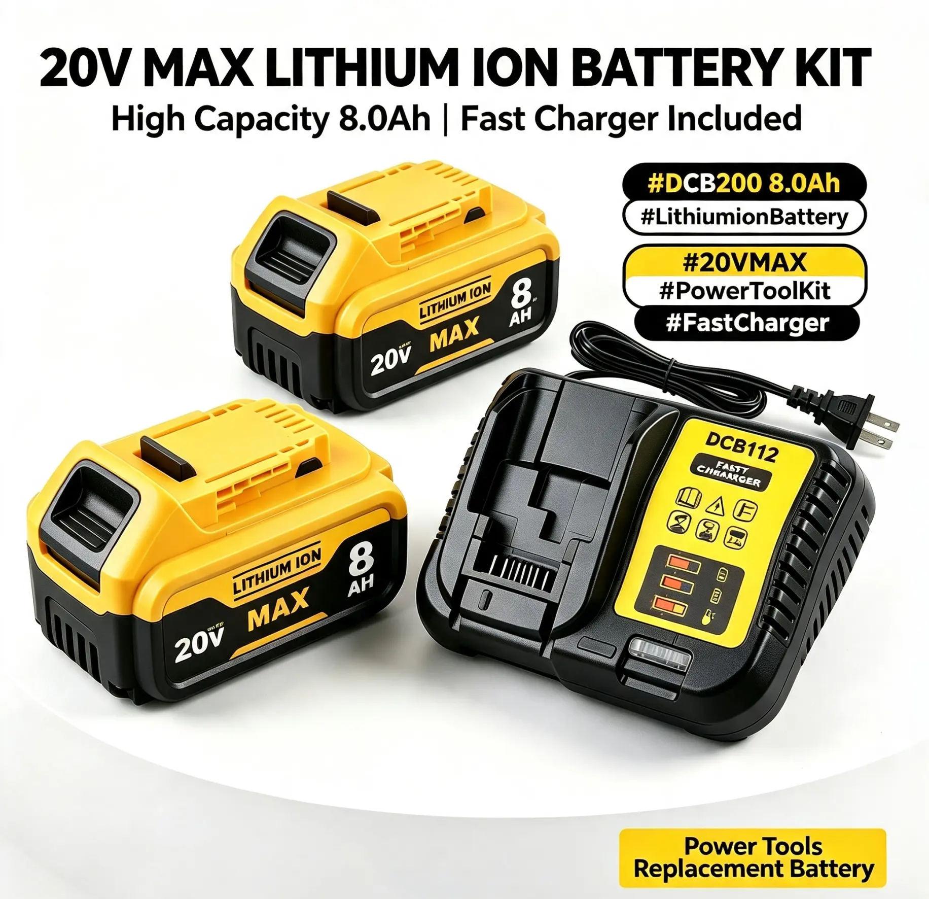 20V MAX Lithium Ion Battery Kit DCB200 8.0Ah High Capacity Fast Charger Included Power Tool Replacement Battery
