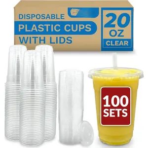 Plastic Cups with Lids 20 oz | 100 Sets | Clear Plastic Cups with Lids | To Go, Leak Proof | Use for Smoothies, Iced Coffee