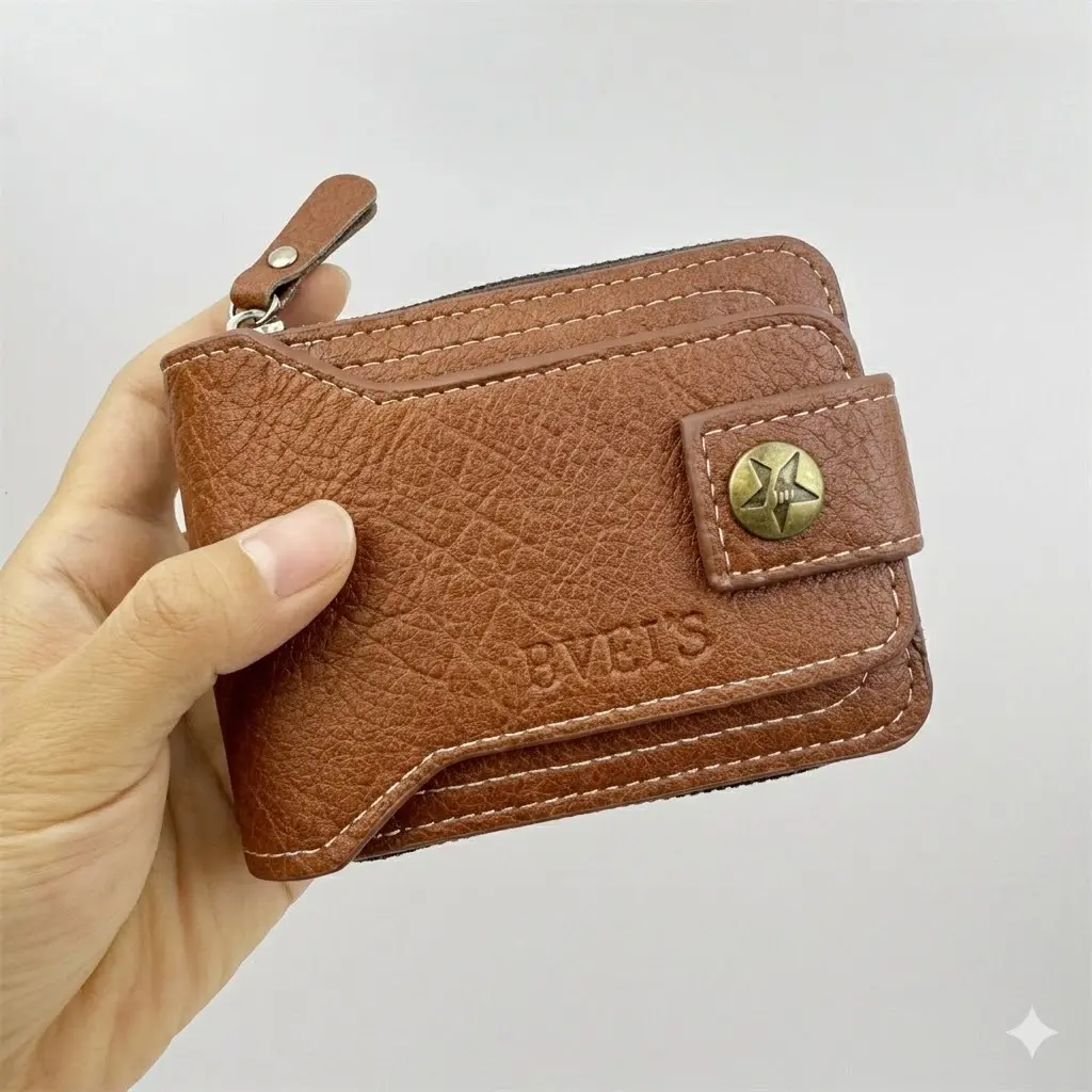 GOODBEE Men's Short Zip-Buckle Wallet - Compact Design with Coin Pocket, Multiple Card Slots, Brass Snap Closure, Business Card Storage, Business Card Storage Men's Wallets