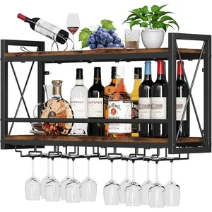 Wall Mounted Wine Rack Bottle & Glass Holder, Wood-Metal Retro Wine Rack, Wine Bottle Display Wall Storage for Kitchen, Dining Room and Home Bar
