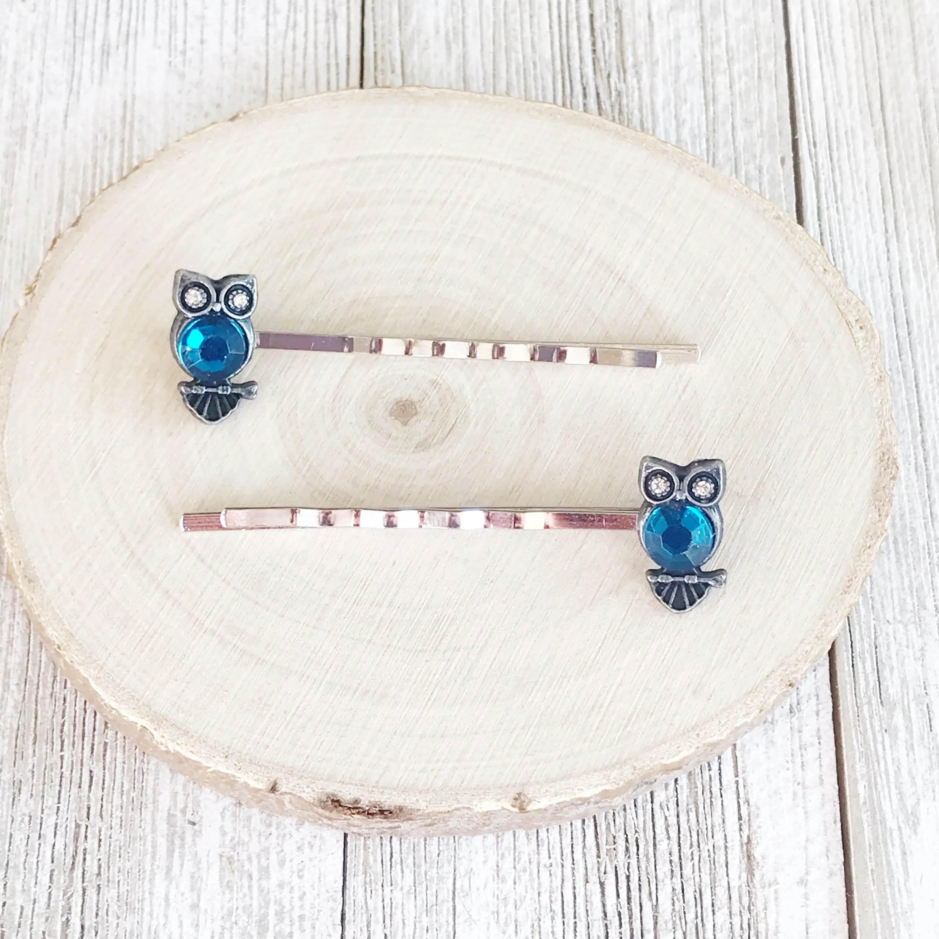 Bright Blue Rhinestone Owl Bobby Pins: Sparkling Owl Accents
