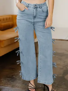 Women's Beau Blue Bow Knot Side Detail Straight Leg Loose Jeans High Waisted Cropped Denim Pants Relaxed Fit Wide Leg Trousers with Cute Bow Accents Light Wash Straight Leg Jeans with Pockets Stylish Cropped Denim Culottes