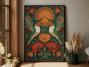 Hummingbird Folk Art Poster – Vibrant Southwestern Botanical Wall Decor, Boho Floral Nature Art for Colorful Bird-Lovers’ Spaces