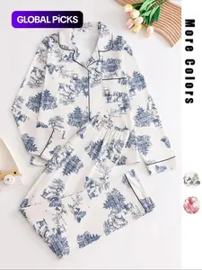 Women's 2-Piece All Over Print Button Front Pocket Lapel Shirt & Elastic Waist Pants Pyjama Set, Casual Comfy Long Sleeve Top & Trousers Matching Pj Set, Women's Sleepwear for Spring & Fall
