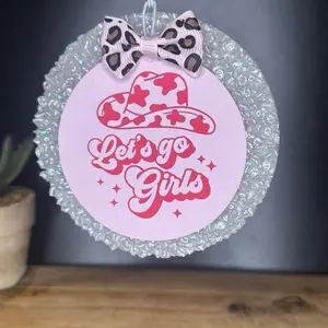 Let’s Go Girls Car Freshie Decorative Hanging Tag with Bow and Hat Design in Pink-scented Caribbean escape