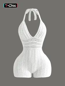 Women's Knitted Halter Sleeveless One-Piece Jumpsuit, Plain Hollow-Out Backless Tie-Accent Jumpsuit, Casual Fashion Spring and Summer Wear