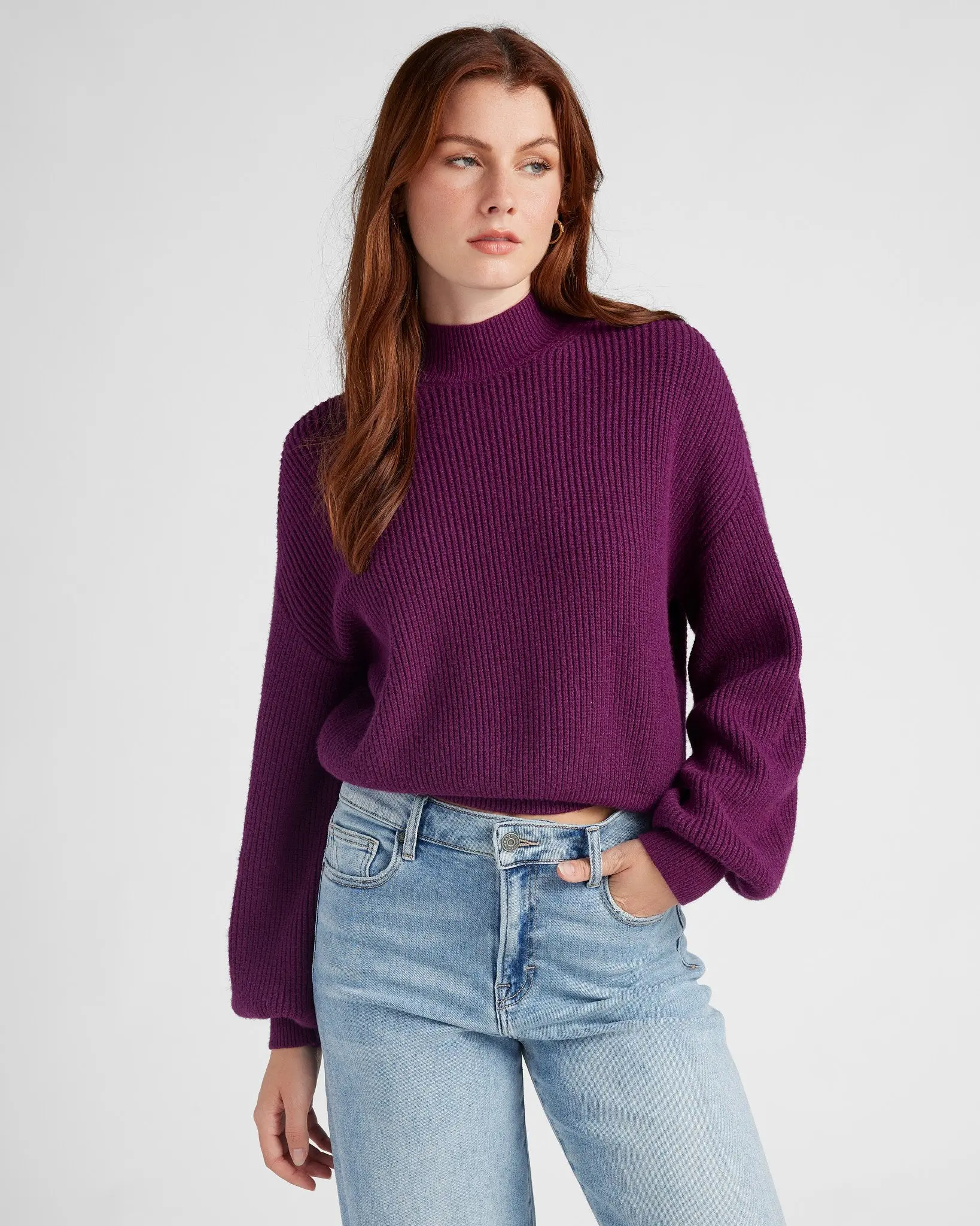 Women's Chic Knitwear Pullover, Marled Mock Neck Sweater with Slouchy Sleeves and Ribbed Details, Stretchy for Easy Elegance, Long Sleeve