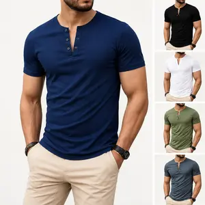 Men's 5-PC Slim Fit Short-Sleeve Henley Neck T-Shirts Set - Black + Gray + White + Green + Navy Blue, Button Placket, Ruched Hem, Plain, Streetwear Casual Daily Tops for Him,summerwins