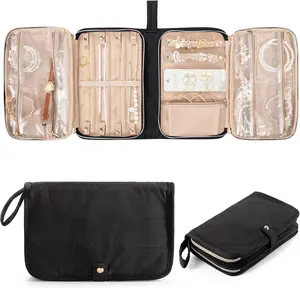 Travel Foldable Zipper Jewelry Case Organizer Bag, Portable Jewelry Storage Holder for Earrings, Rings, Necklaces, Bracelets, Brooches, Black