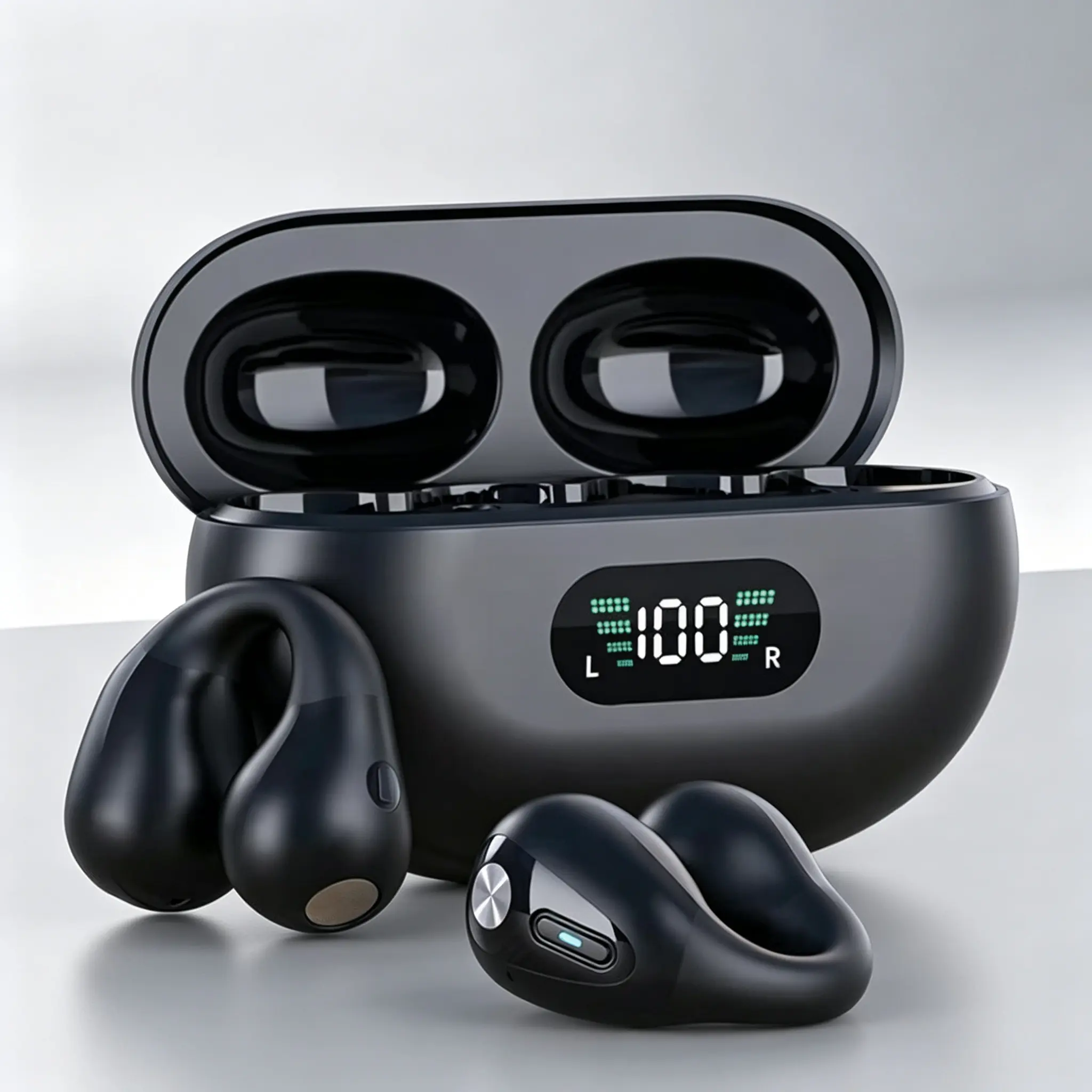 Tempomind Open‑Ear Clip‑On Wireless Earbuds, Bluetooth-compatible Earphones with Digital Charging Case, Comfort Fit for Sports Running Workout