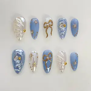 Baby Blue Press on nails short almond nails long/3D Shell nails