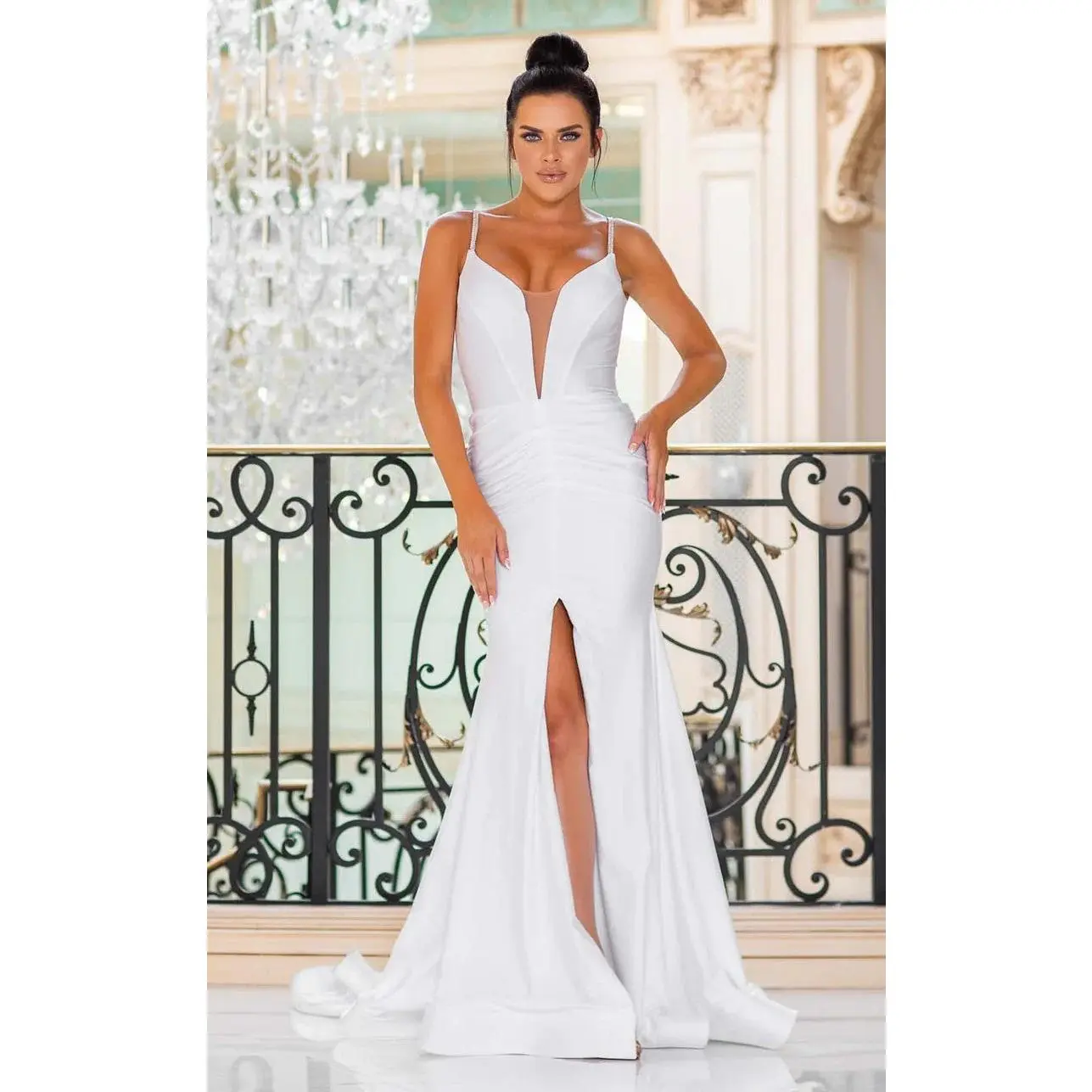Jessica Angel JA10026 Spaghetti Strap Ruched Court Train Slit Beaded Wedding Dress
