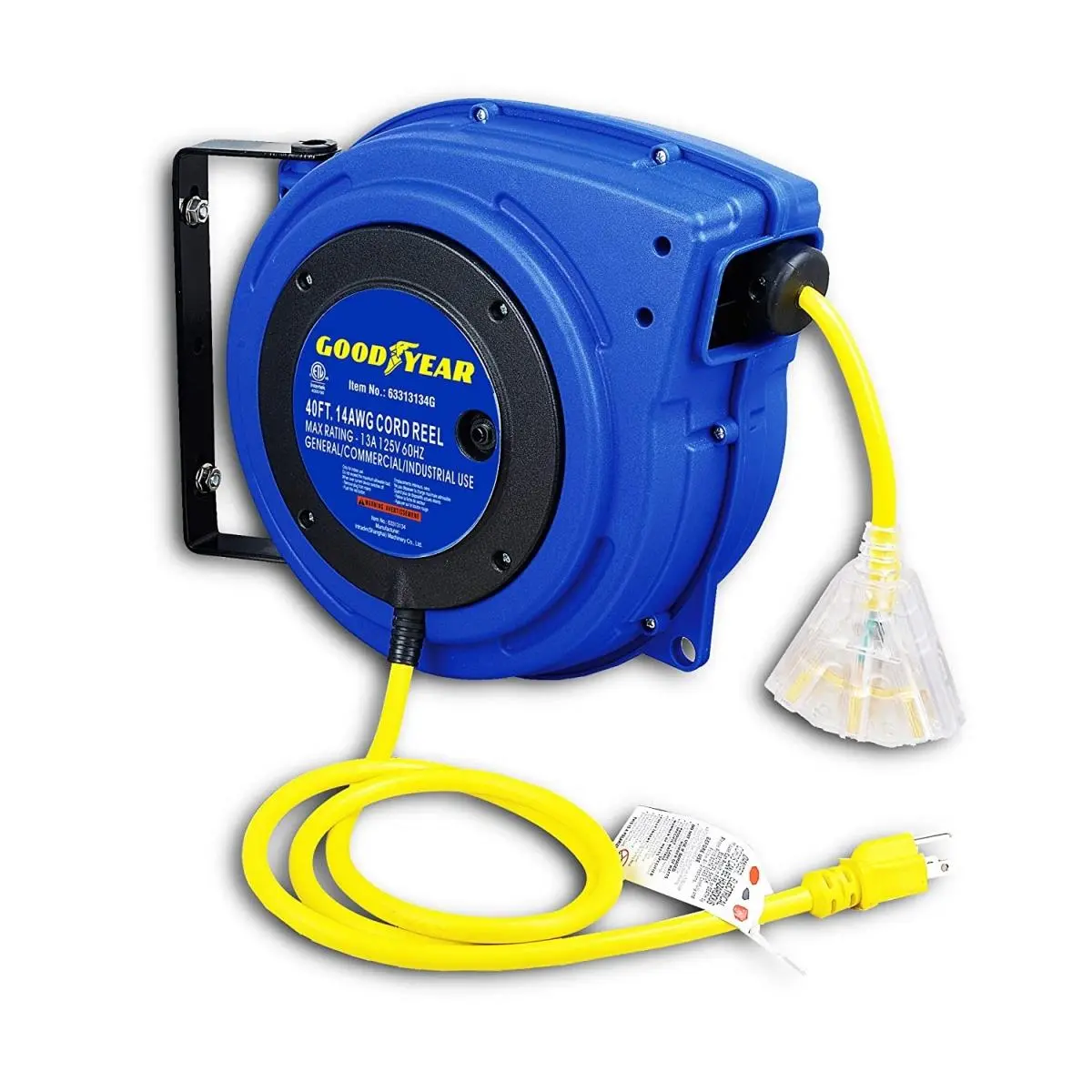 Goodyear 40 ft. Retractable Extension Cord Reel, 14 AWG SJTOW Cable with Triple Outlets, UV & Ozone Resistant Plastic Housing, OSHA-CNAS Compliant for Industrial, Outdoor Use, 14 Awg Cable, Led Light-Up, Polypropylene, Overcurrent Safe, 13A 125Vac, -58 F,