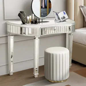 Mirrored Console Table 47" Half-Moon Sofa Table with with Fluted Glass & Crystal Knob Drawer, Modern Luxury Entryway Vanity Desk Mirrored Furniture with Sturdy Wooden Frame for Bedroom