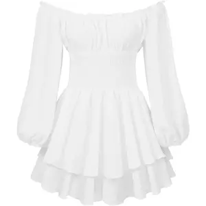 Fairy Pirate Corset Romper Dress Long Puff Sleeve Off The Shoulder Neck Flowy Ruffle Jumpsuit