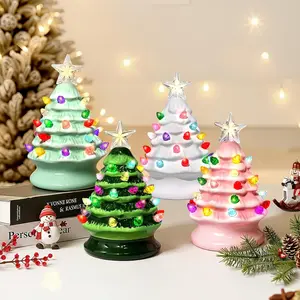 5" Mini Ceramic Christmas Trees Set of 4 with Light, Small Tabletop Vintage Lighted Battery Operated Ceramic Christmas Tree for Home Office Table Holiday Decorations