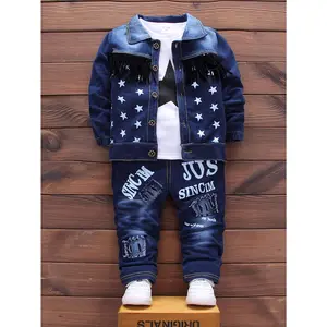 Boys' Faux Denim Fringe Three-Piece Set Spring Outfit for Small and Medium Youngsters Korean Style Faux Denim Suit New Spring Three-Piece Set Faux Denim Fabric, for Outdoor
