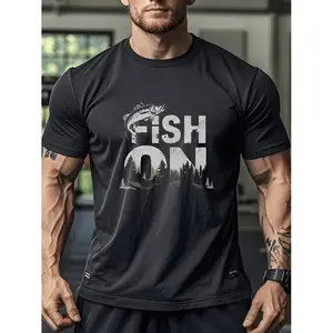 Men'S 100% Fishing Graphic T-Shirt - Fish On Lettering & Fish Print Design, Breathable Round Neck Casual Outdoor Sportswear, All-Season Comfort