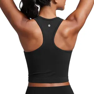 Seamless Ribbed High Neck Crop Tank Tops for Women - Longline Racerback Padded Sports BrasGift