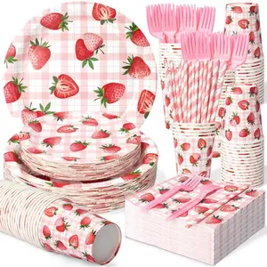 300 pcs strawberry plates and napkins tableware set plates napkins cups straws and forks sets strawberry party birthday supplies shortcake birthday decorations serves 50 guests