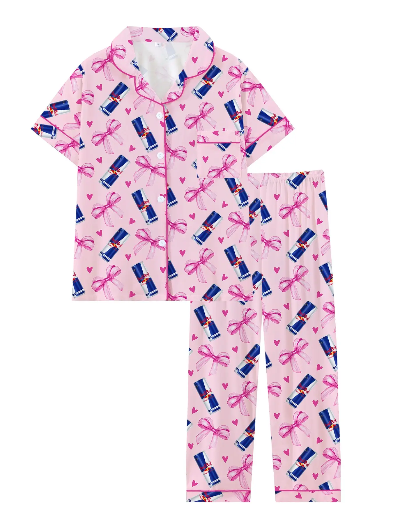 Teen Girls Soda Drink Bull Hooded Short Sleeve Long Pants Pajama Set, Comfortable Sleepwear, All Seasons, Loose-Fitting, Casual Comfy Pyjama, Pajama Outfit, Pajamas Sleepwear