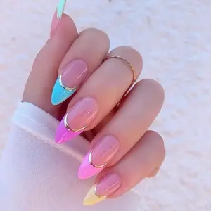 Summer Vacation Almond Gel Nails Colorful French Tips with Gold Accents