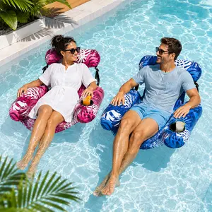 Inflatable Pool Float Chair with Headrest & Cup Holder, Portable Water Lounge with Tropical Leaf Pattern, Soft Fabric Cover Non-Sticky, Lightweight Floating Lounger for Pool Beach Lake Adults