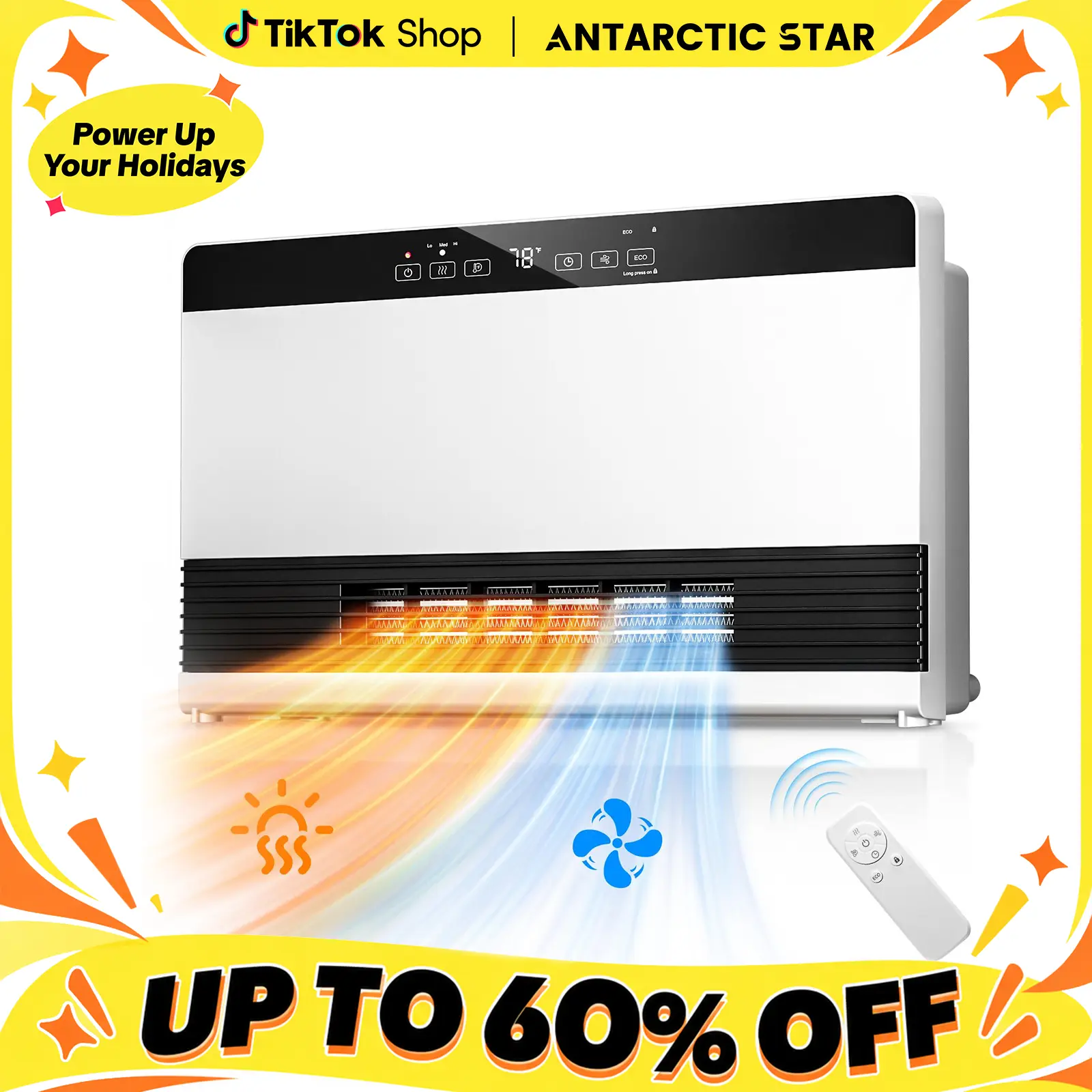 2-in-1 Wall Mounted PTC Electric Heater and Fan - 1300W 10S Fast Heating, Adjustable Heating Temperature, Digital Heat Control, 3 Heat Modes+ 1 Fan Mode, ECO Mode, Remote Control, 12H Timer, Overheat Guard for Bedroom