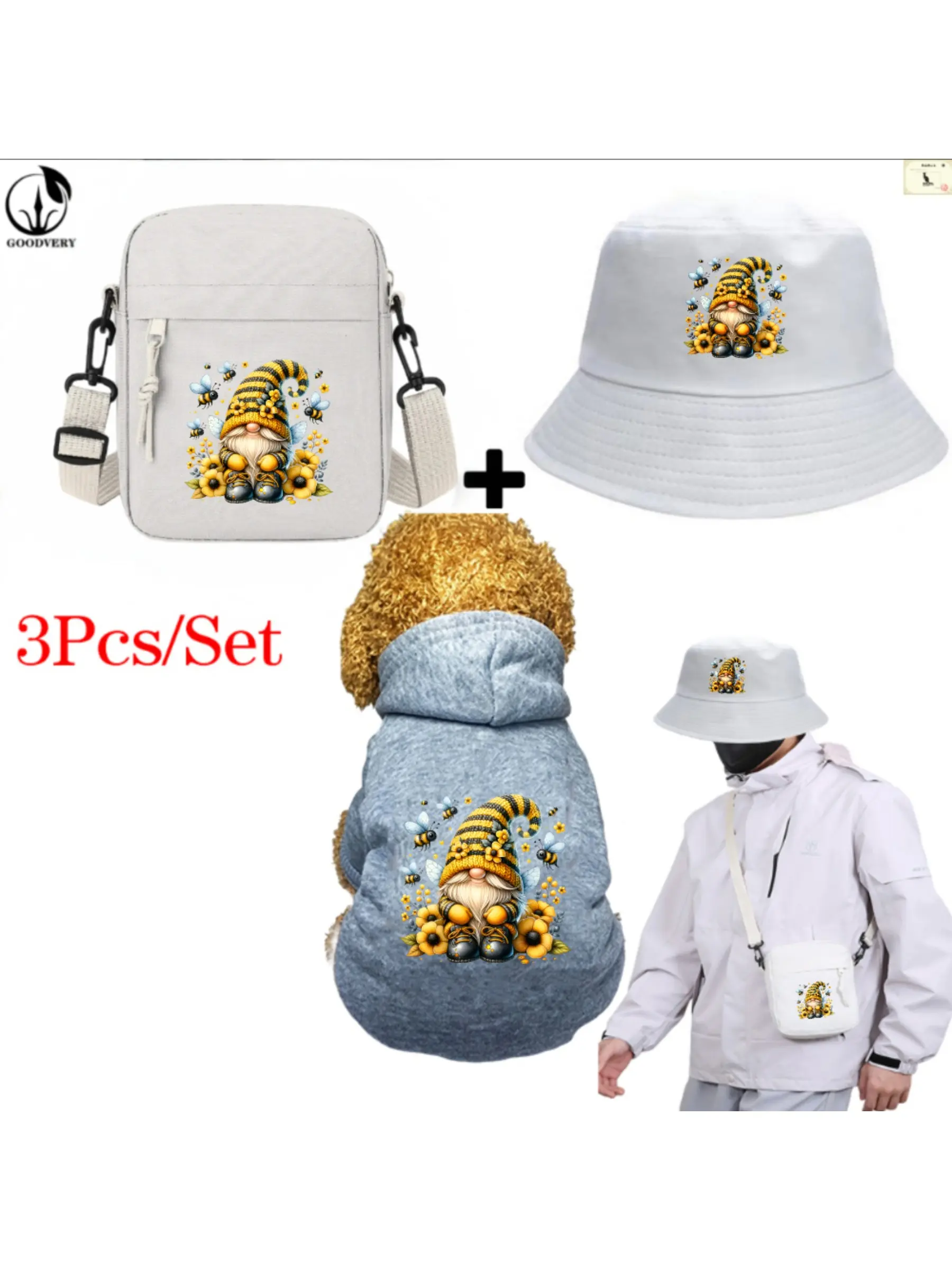 Watercolor Honey Bee Gnome Clipart Print, Pet Hoodie and Fisherman Hat and Crossbody Bag Three-in-one Combination, Universal for Men and Women, New Style of Pet Hoodie, 3Pcs Suit Stylish Hat Crossbody Bag Pet Hoodie Suit