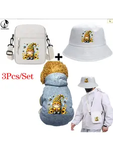 Watercolor Honey Bee Gnome Clipart Print, Pet Hoodie and Fisherman Hat and Crossbody Bag Three-in-one Combination, Universal for Men and Women, New Style of Pet Hoodie, 3Pcs Suit Stylish Hat Crossbody Bag Pet Hoodie Suit